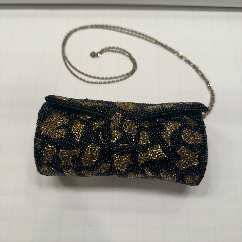Vintage 80s Black Gold Beaded Animal Print Cylinder Roll Clutch Barrel Purse